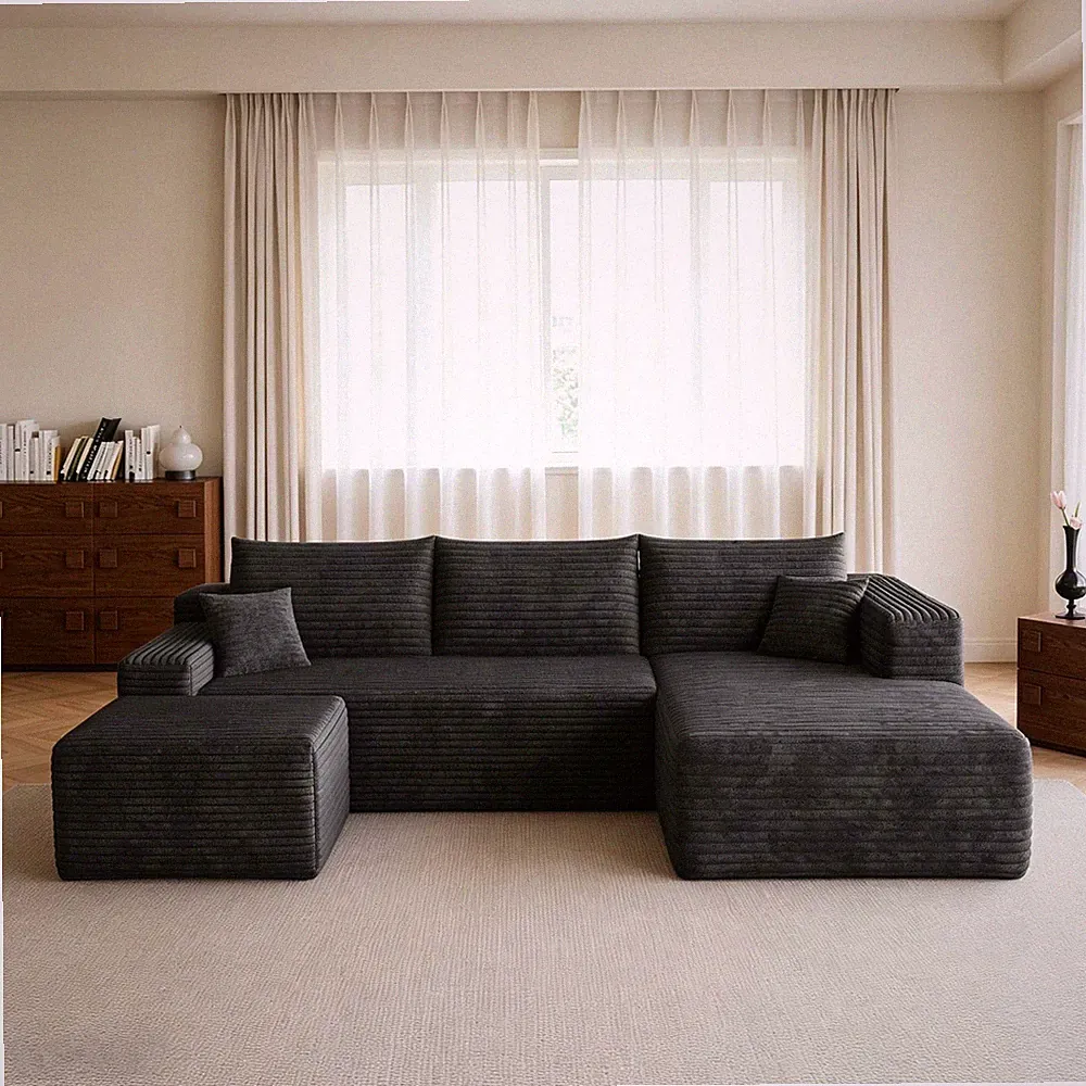 95" U Shaped Boneless Sectional Couch Memory Foam Sofa Right Chaise with Ottoman