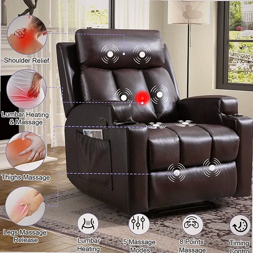 Brown Leather Heat Massage Manual Recliner Arm Chair Upholstered Recliners New