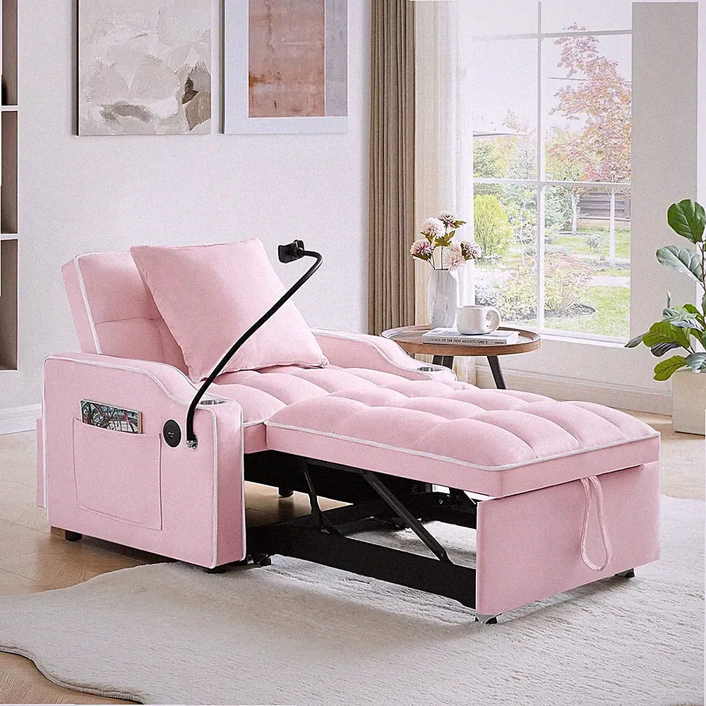 Convertible Sleeper Sofa Chair 3 in 1 Pull Out Chair Bed with USB & Phone Holder