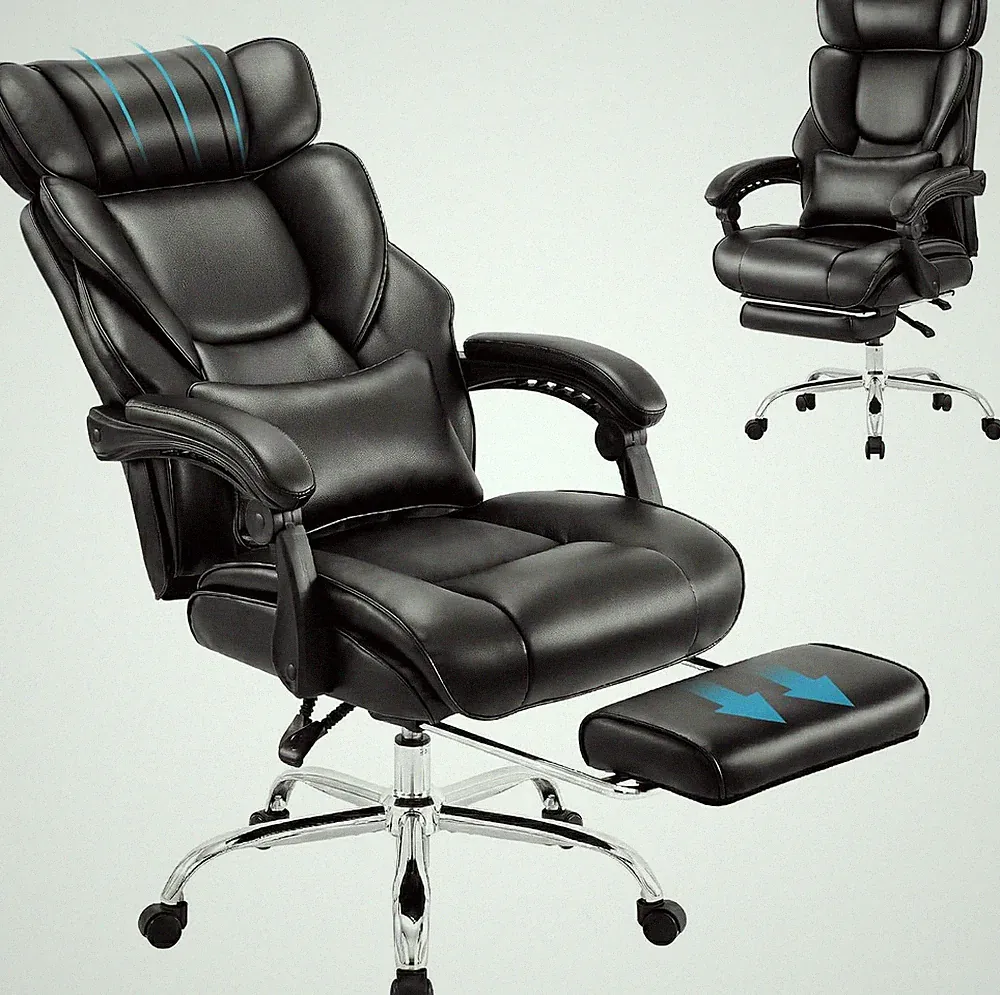 Ergonomic Office Chair with Footrest, Reclining High Back, Black Leather