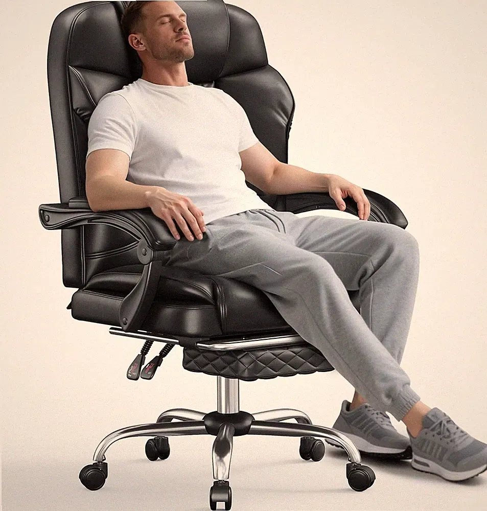 Ergonomic Office Chair with Footrest, Reclining Leather, Lumbar Support, Black