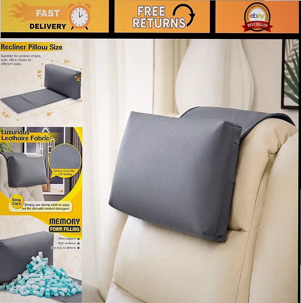 Memory Foam Recliner Pillow - Headrest & Neck Support for Office Chair - Grey